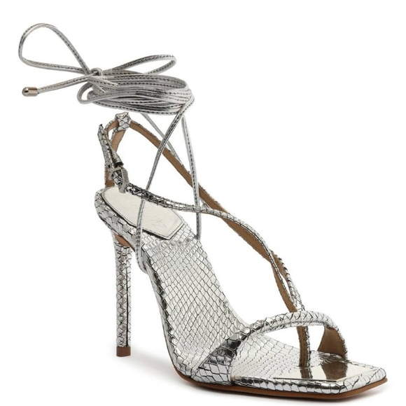 SCHUTZ Shoes - Schutz Vikki metallic silver snake-embossed leather lace-up stiletto size 6